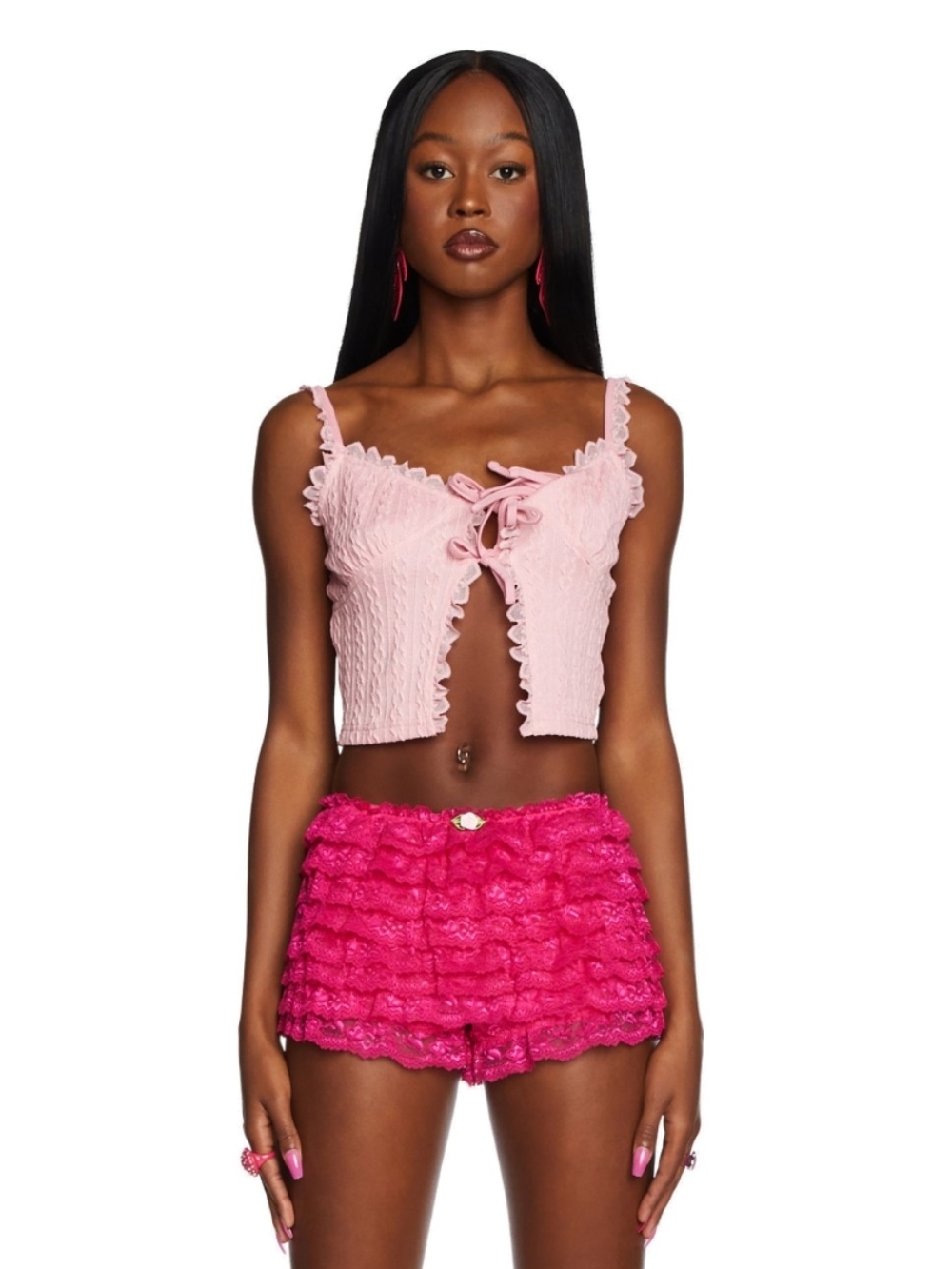 Pink Lace-Trim Cropped Tank Top
